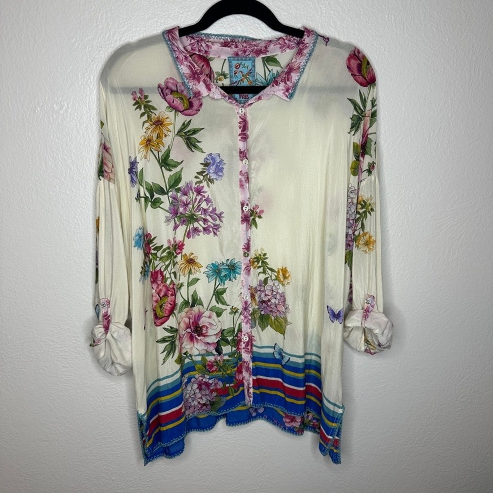 Johnny Was Wilton Silk Button Down Blouse Floral Top Cream Size XL - Picture 2 of 7